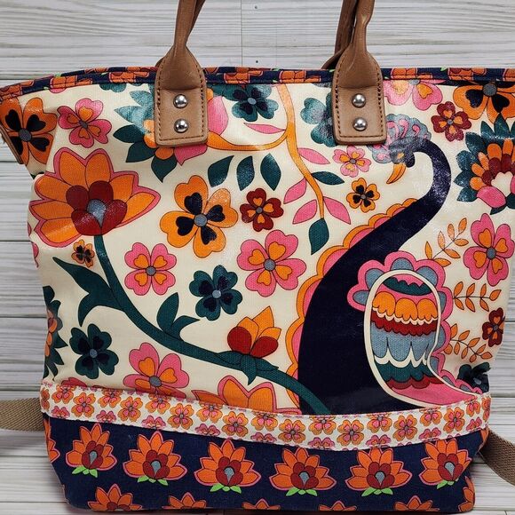 Coated Canvas Bright Colors Tote Bag Crossbody Great Size Flower Inside Pockets - Picture 6 of 16